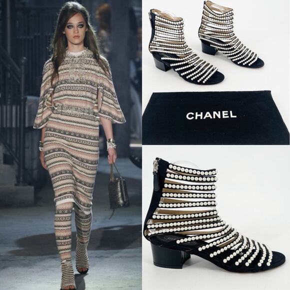 Chanel Pre-Fall 2016 Black Calfskin Pearl Detail Gladiator Sandal size 37 EU - Picture 1 of 16